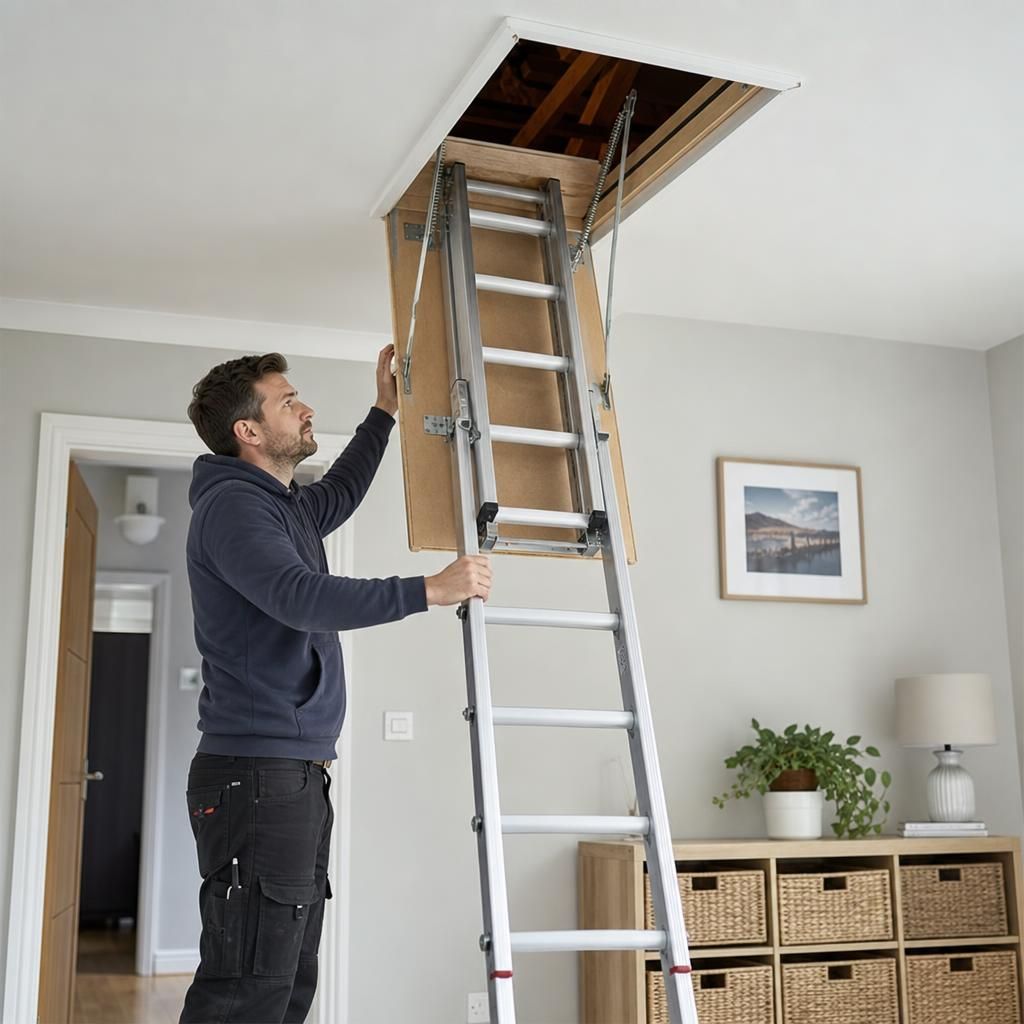 Non-slip treads on a metal loft ladder