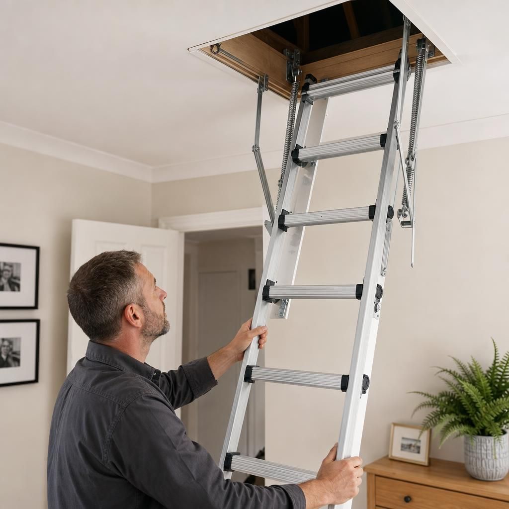 Metal loft ladder with tools placed on it