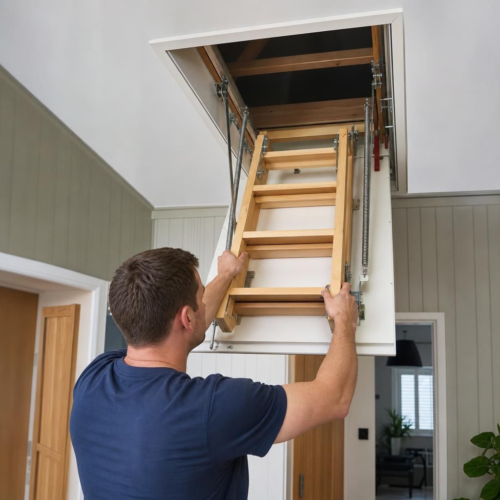 Aluminium loft ladder folded inside a hatch