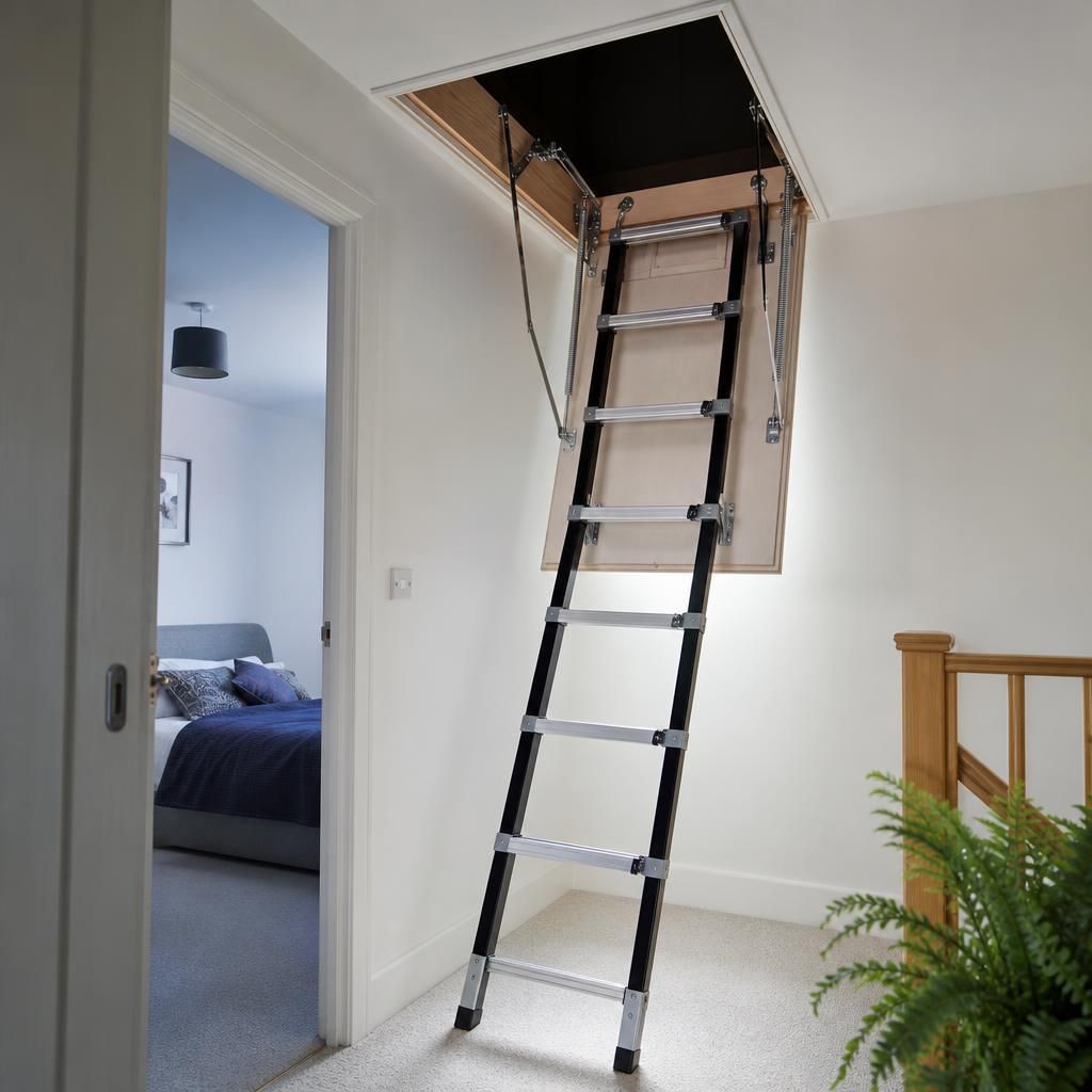 Wooden loft ladder shown in a classic home setting