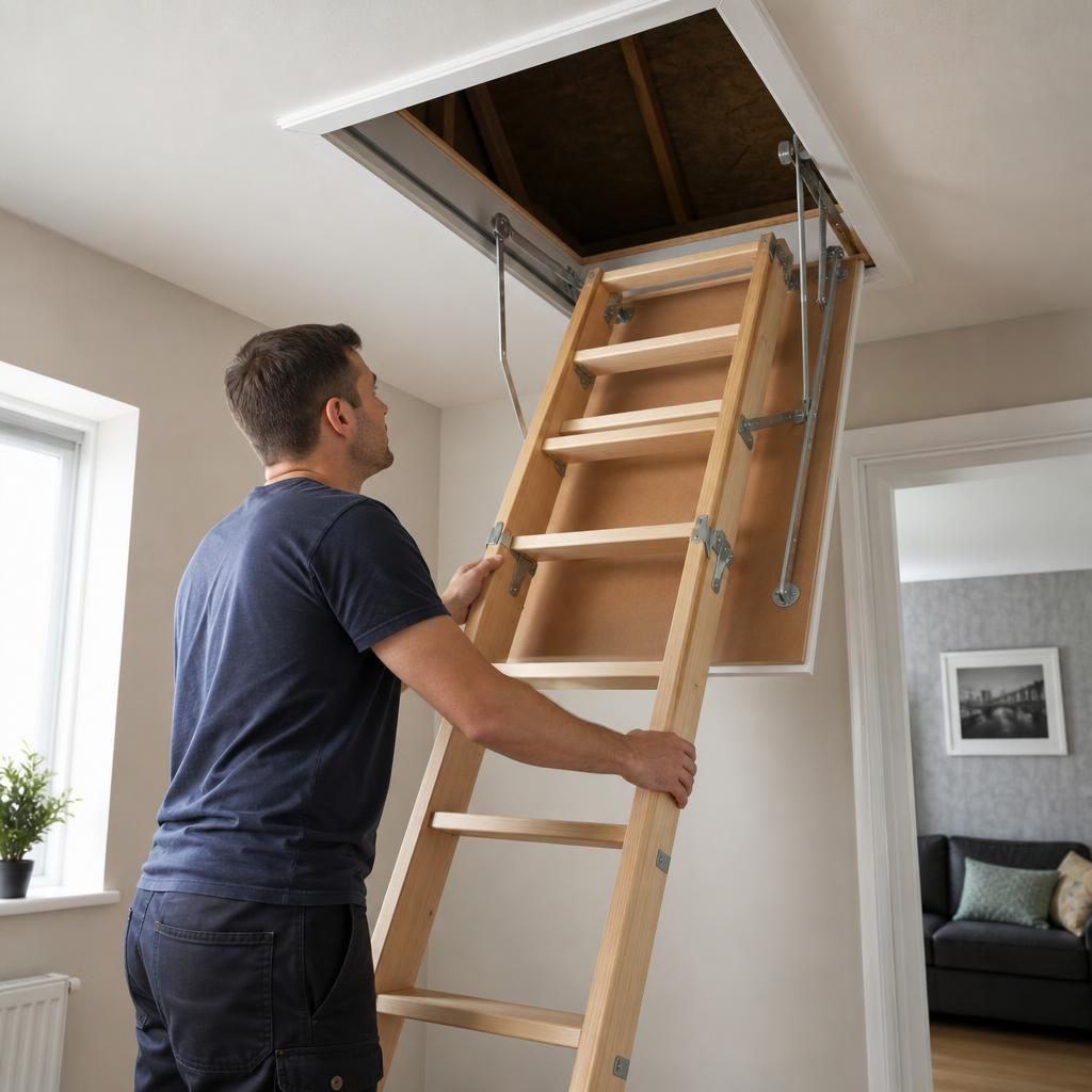 A loft ladder with anti-slip treads and handrails