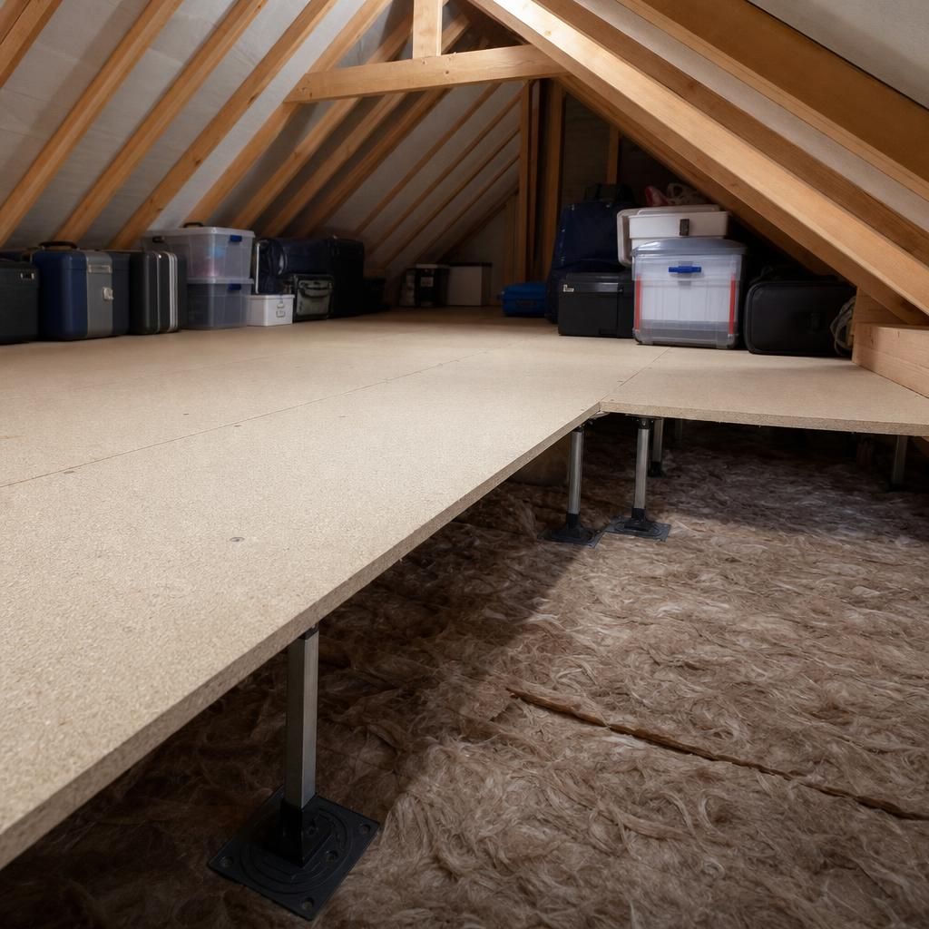 Close-up of loft stilt system supporting boards