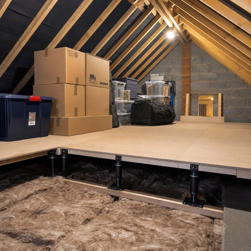 Modern loft with installed storage boards elevated by stilts