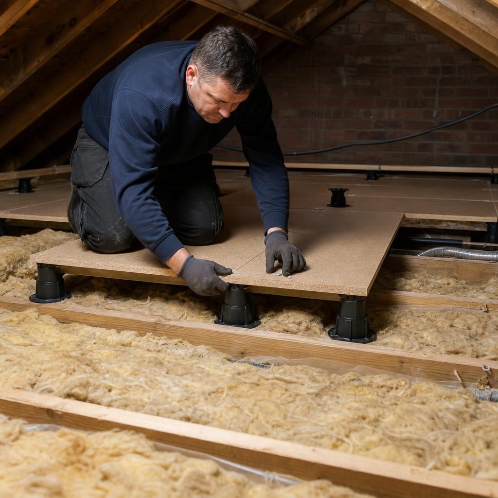 Completed loft space with raised flooring and storage boxes