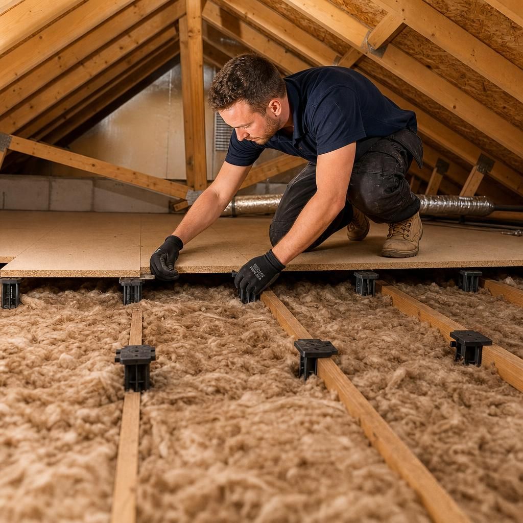 Close-up of loft board stilt system