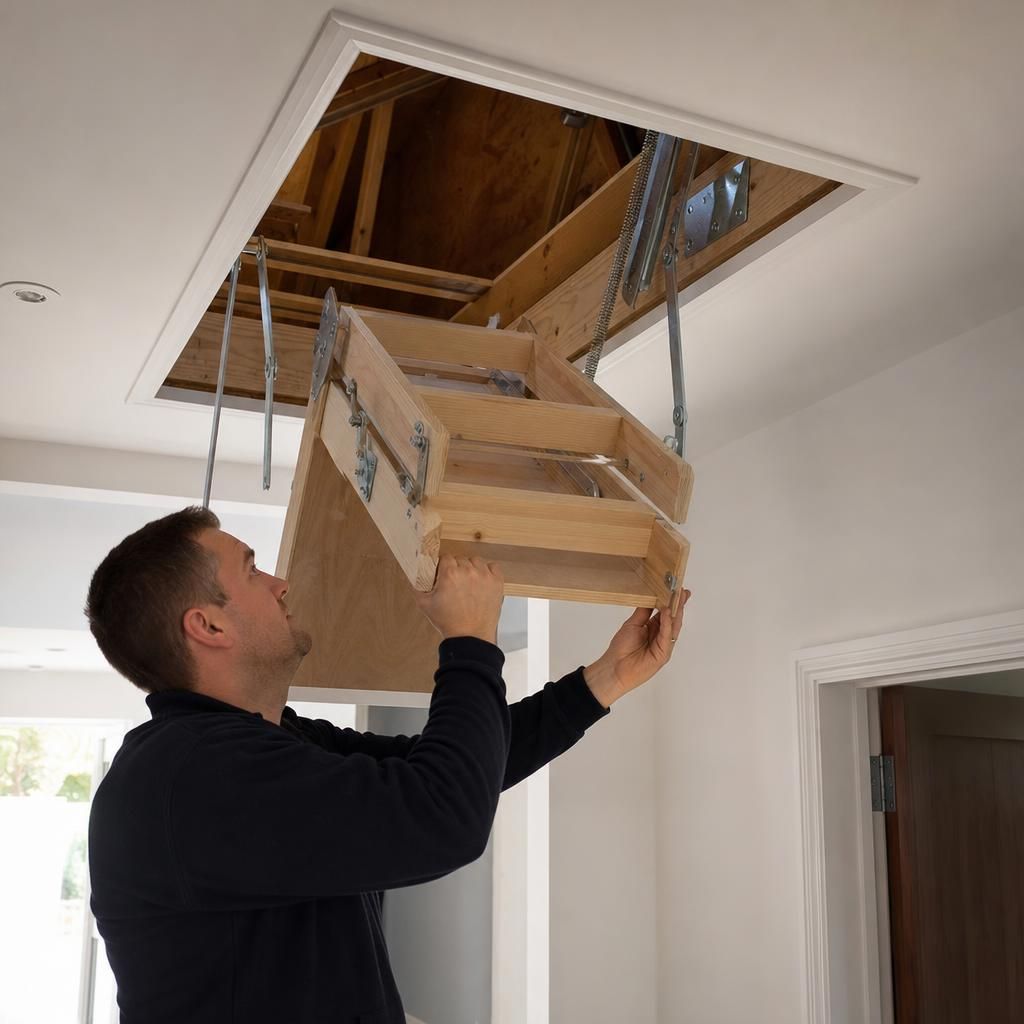 Folding attic steps attached to a loft hatch