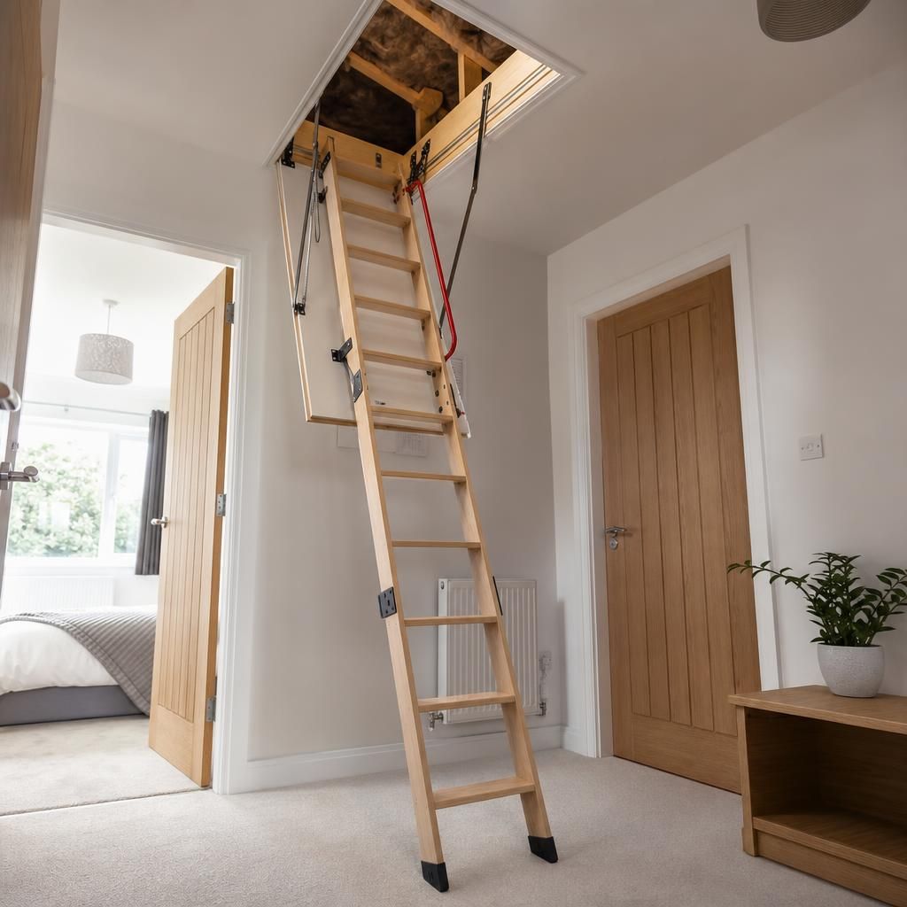 Image of a sliding loft hatch with wooden finish