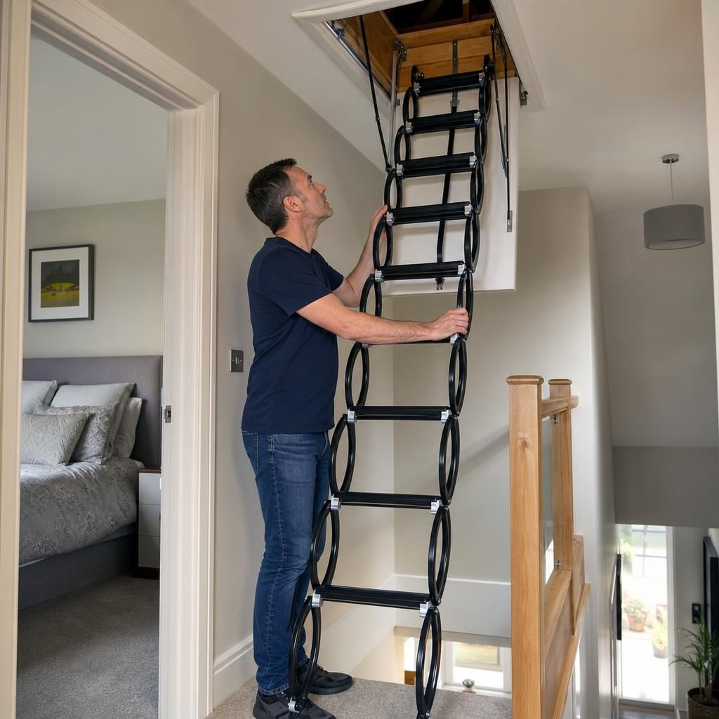 Aluminium loft ladder extending from ceiling hatch