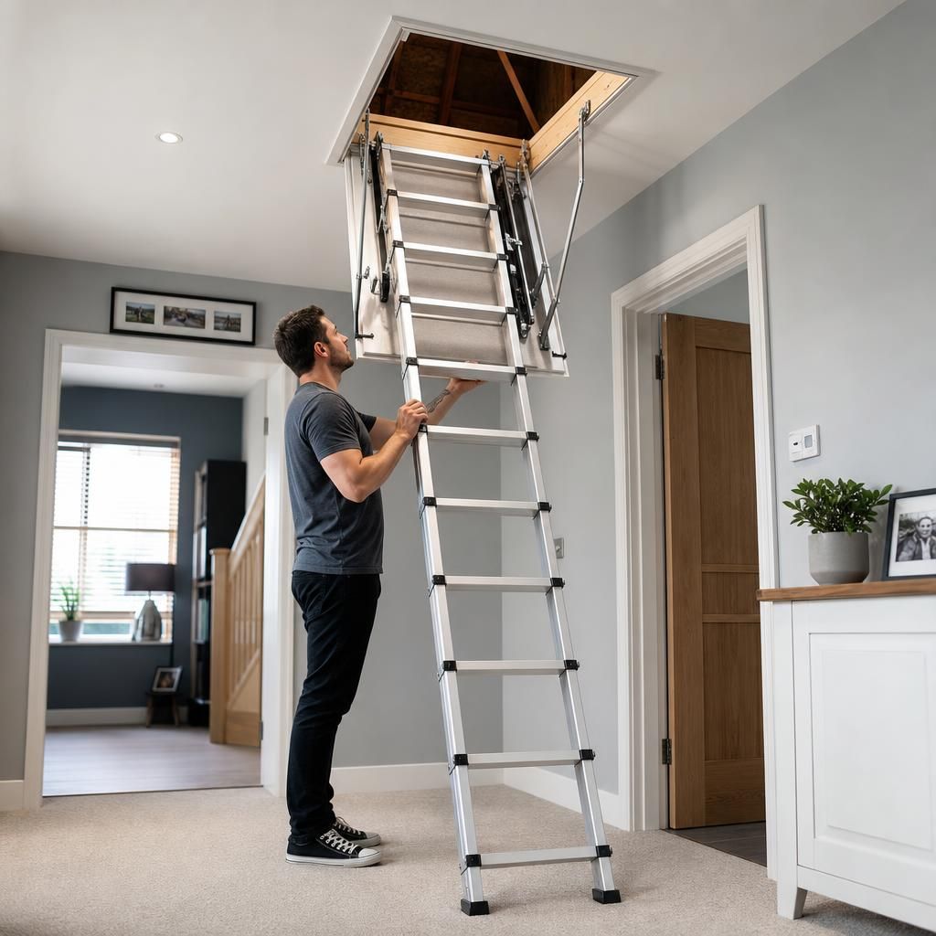 Steel loft ladder showing rungs and side rails