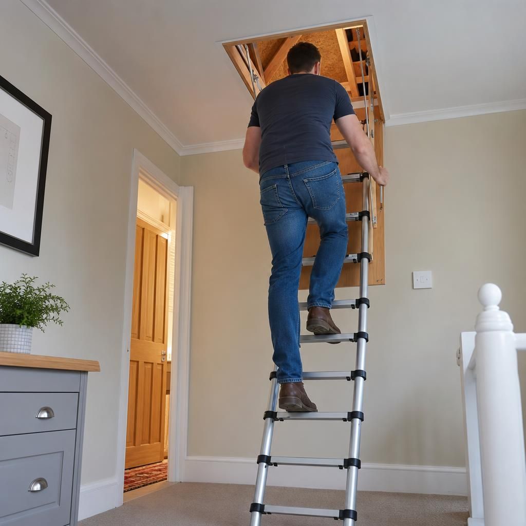 Hydraulic loft ladder being deployed from ceiling