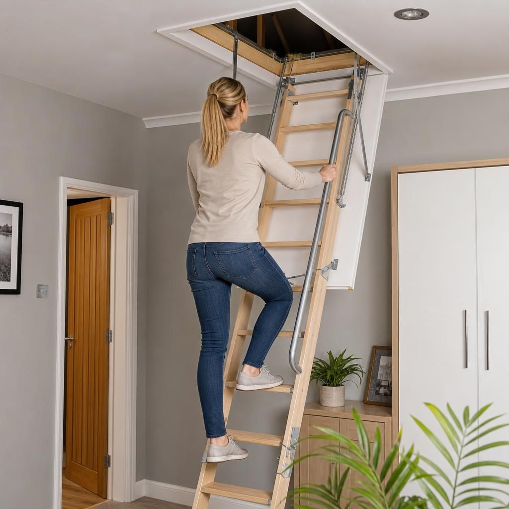 Telescopic loft ladder with handrail