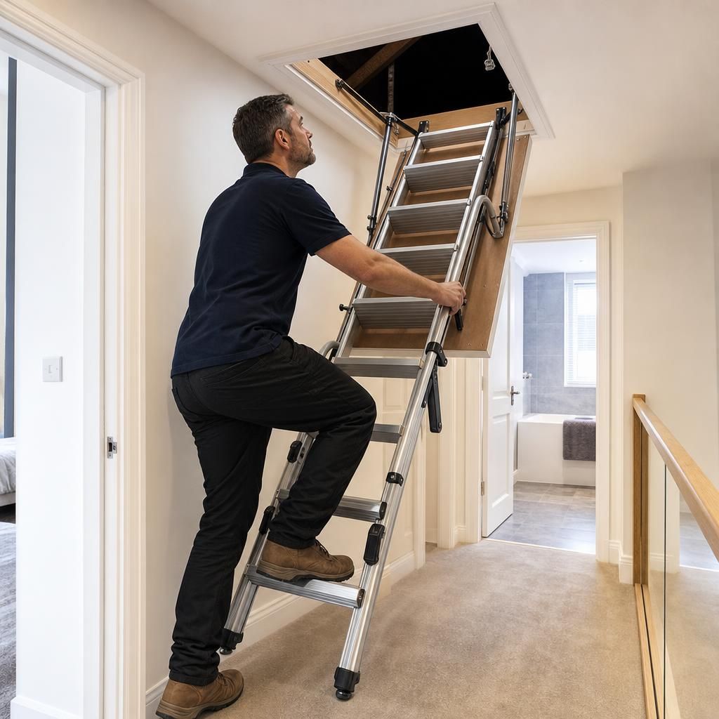 Semi-automatic loft ladder with handrail