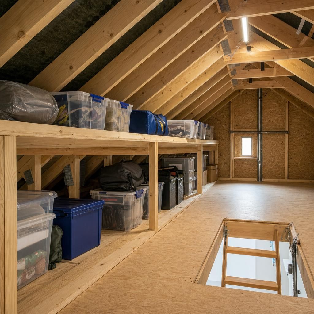 Organised loft with truss shelving units