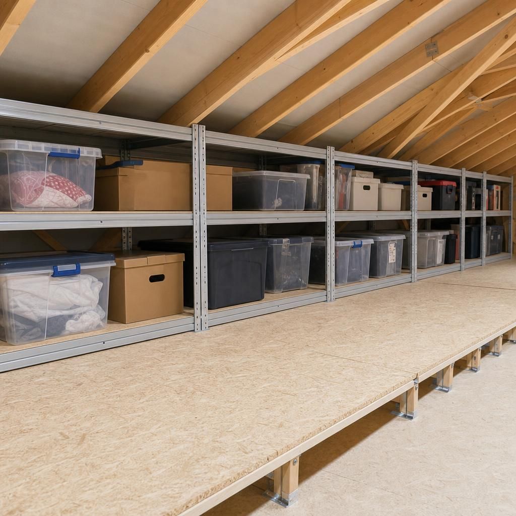 Contemporary loft storage system with shelving and racks