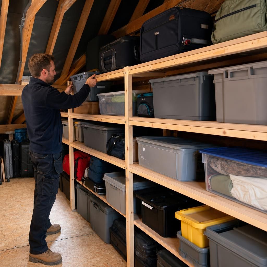 Wall-mounted shelves in a loft