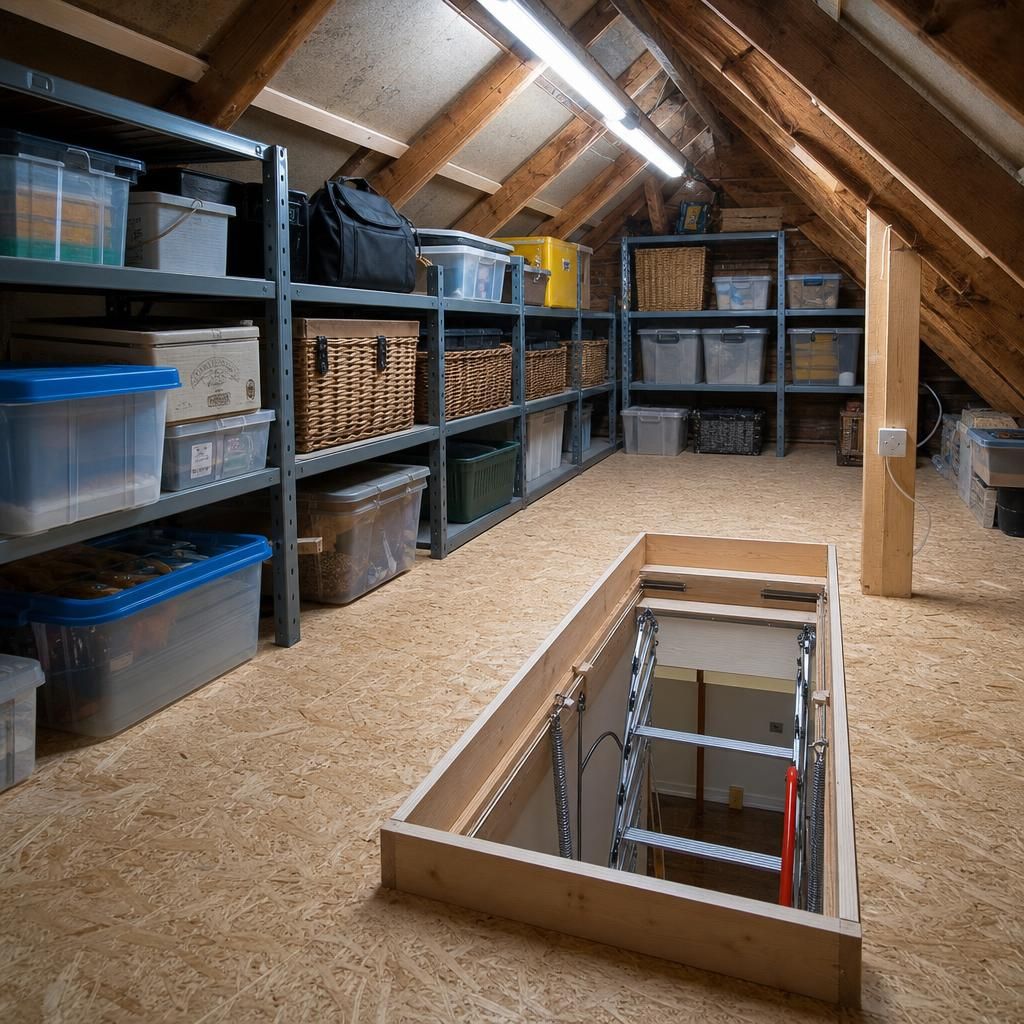 Metal shelving units in a loft
