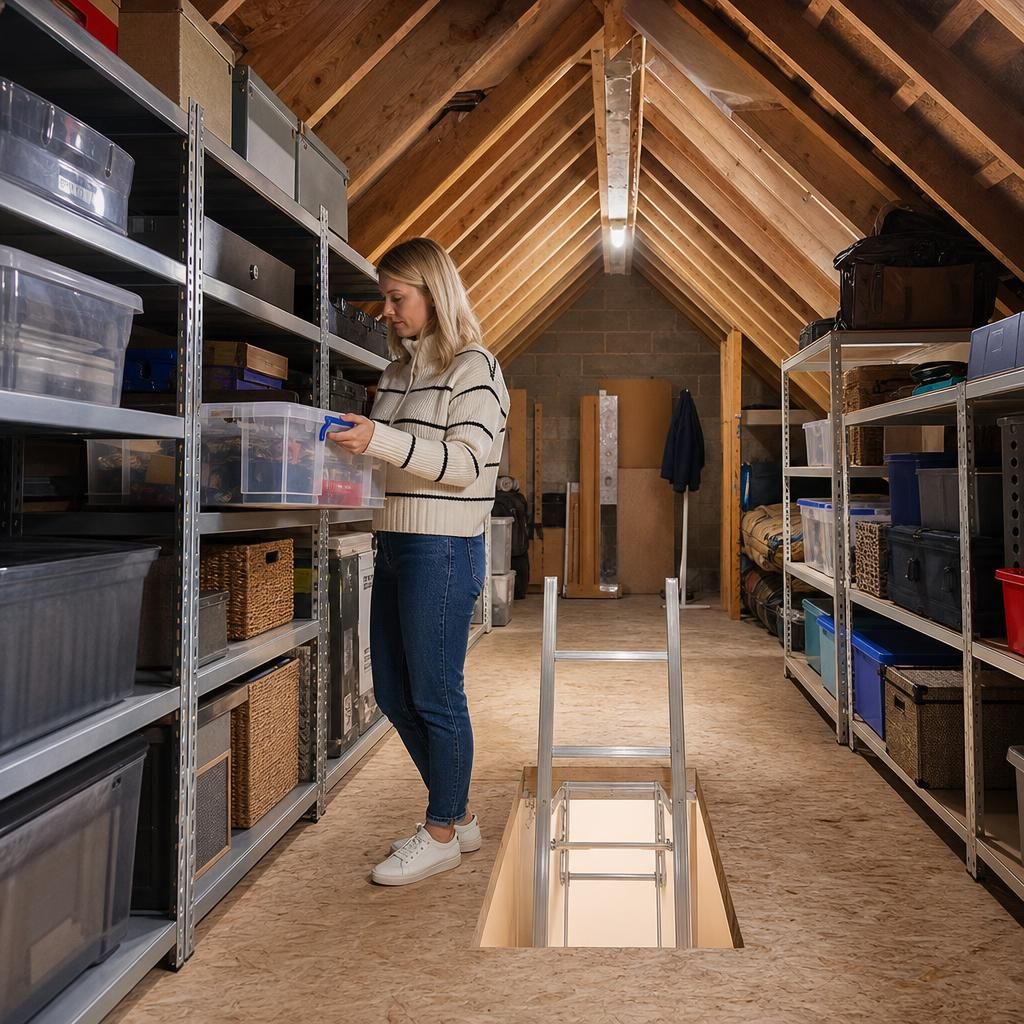 Wooden loft shelves with storage boxes