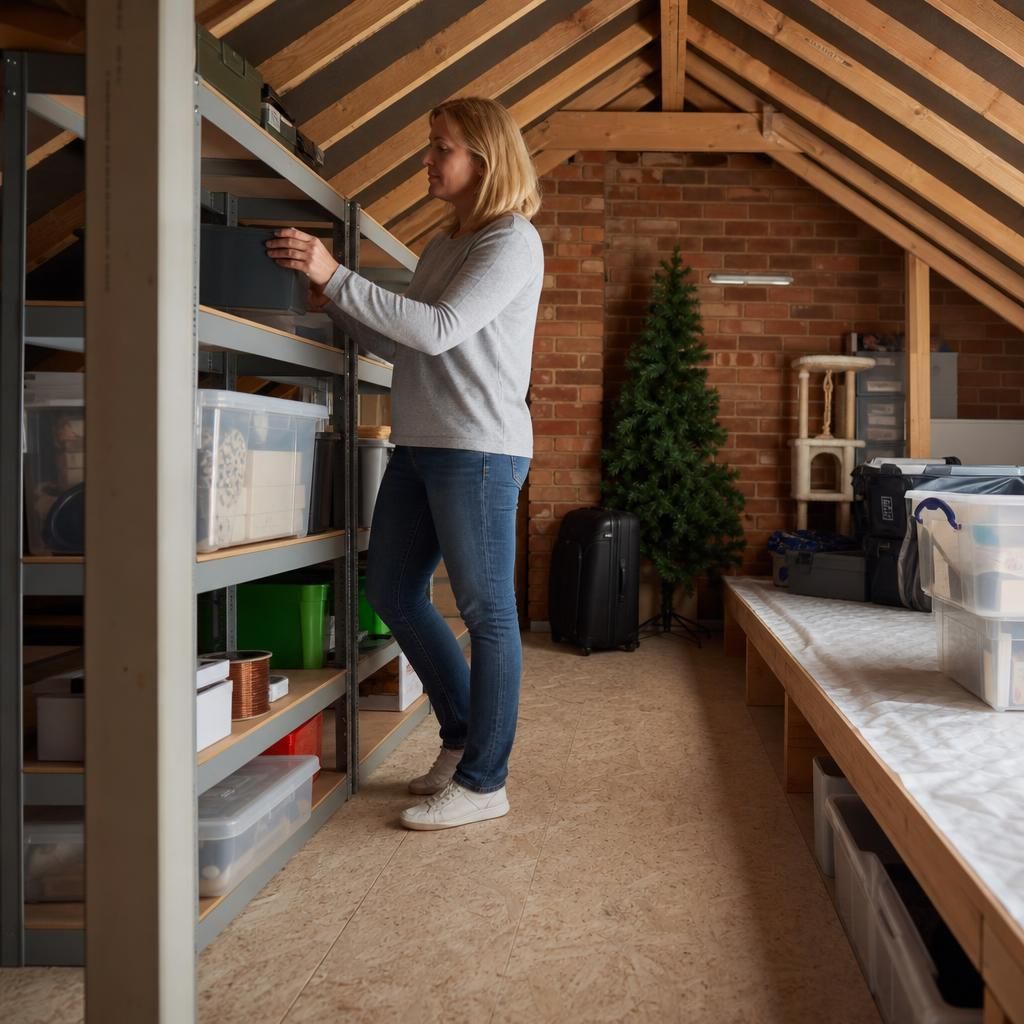 Plastic storage shelves in a loft