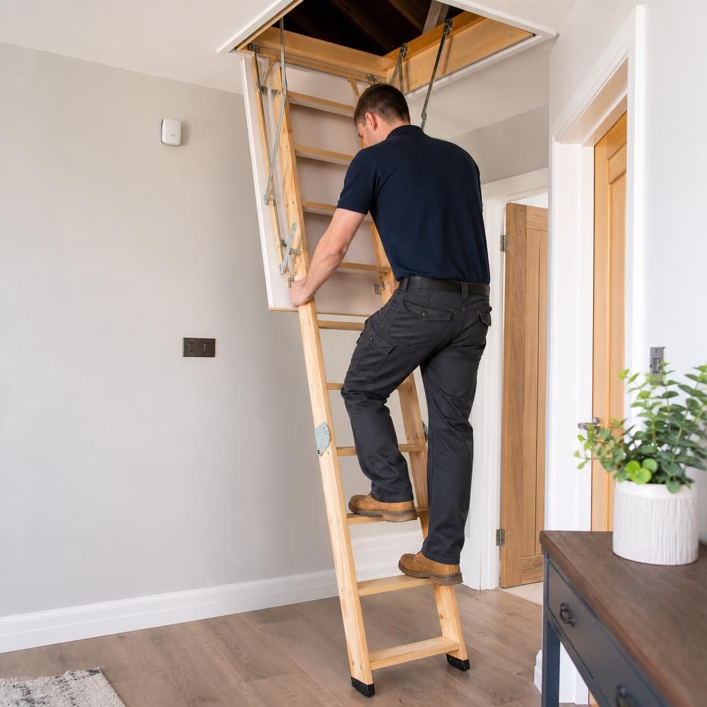 A homeowner using a loft ladder