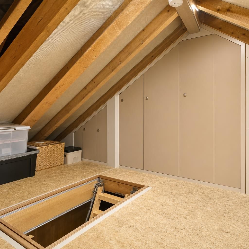 Sliding loft storage panels in a modern loft