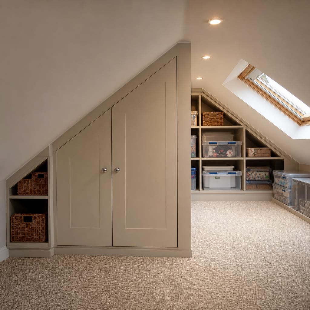 Hinged loft storage doors with white finish