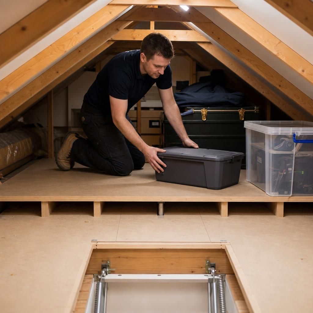 insulated loft with storage boxes