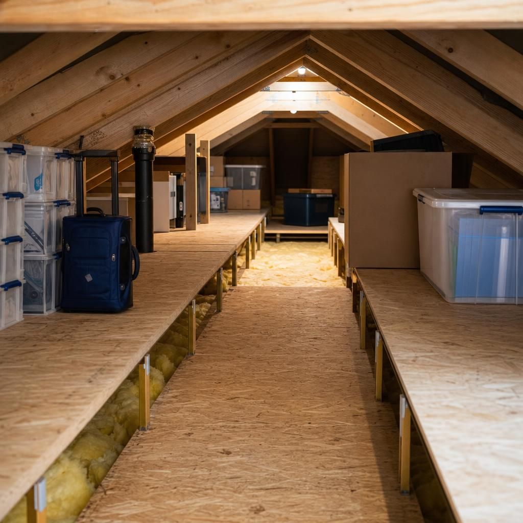 Close-up of loft insulation beneath boarding