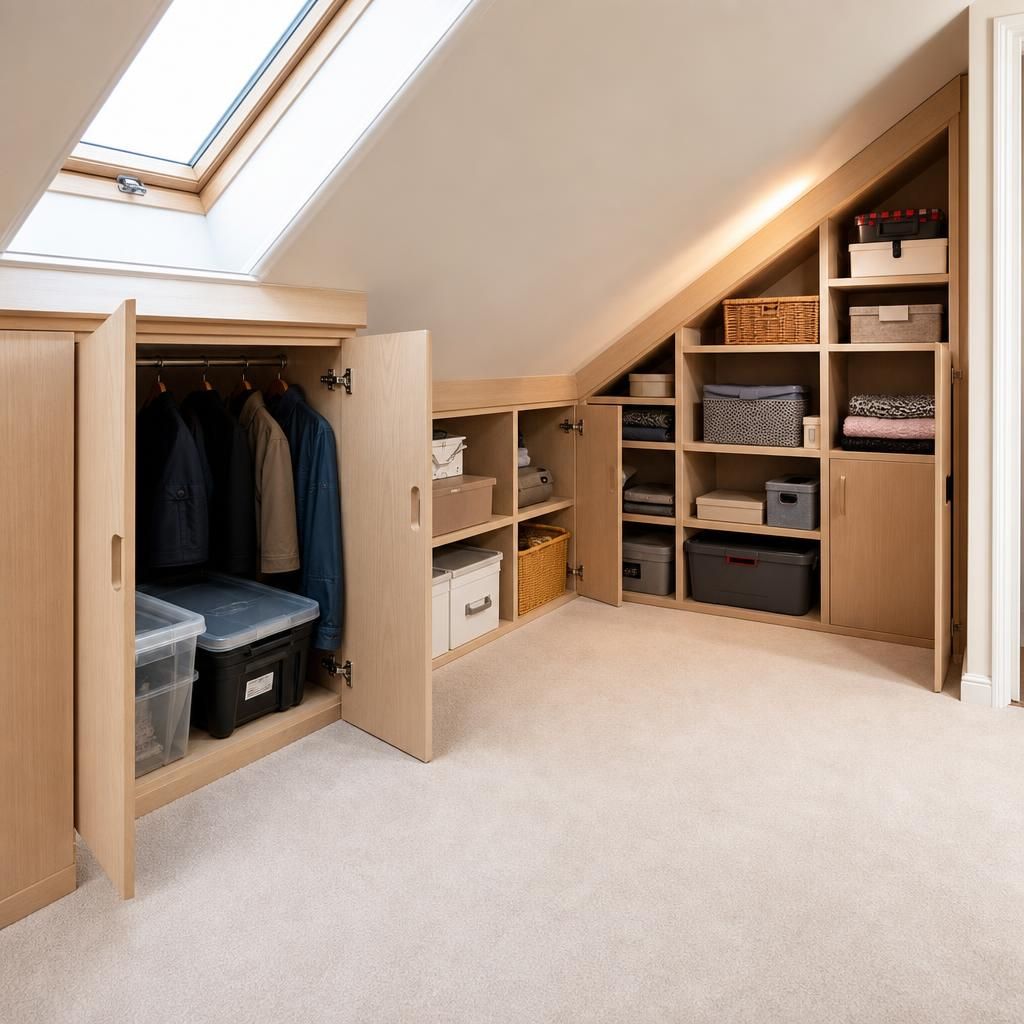 Customised raised eaves storage system with loft shelving