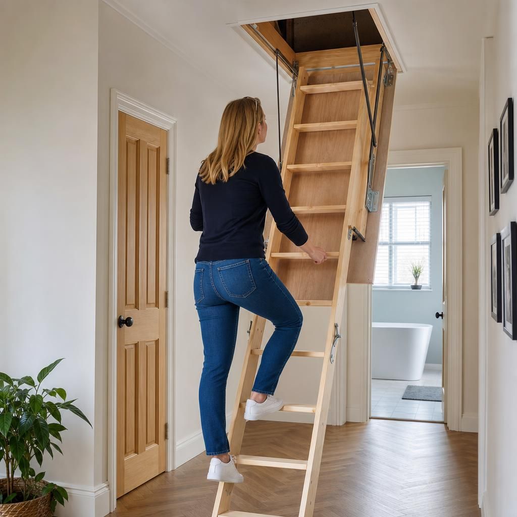 Person using a loft ladder with non-slip rungs