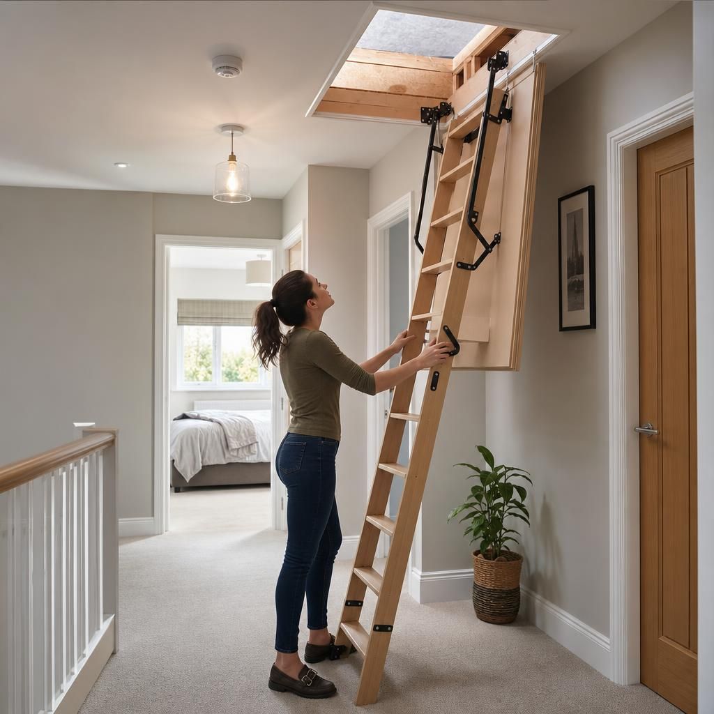 Sliding timber loft ladder in a modern home