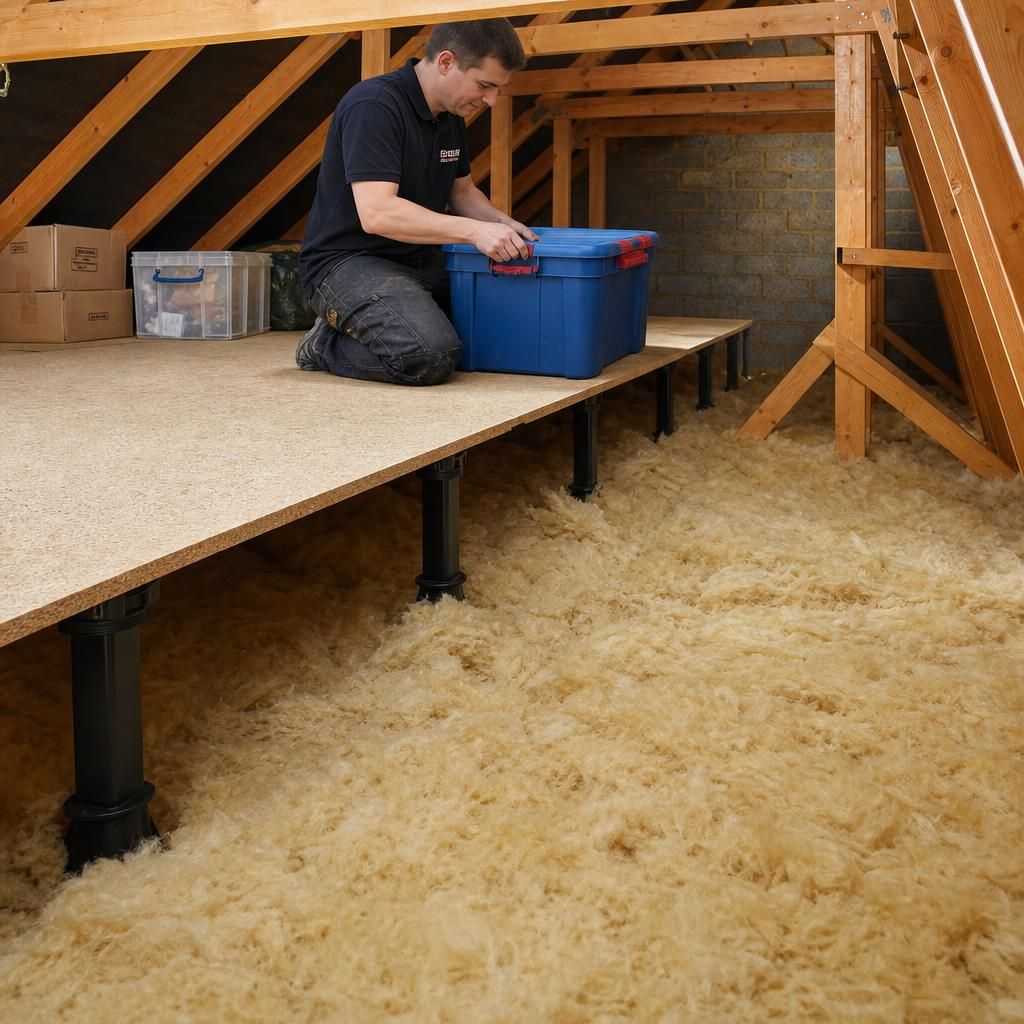 Loft space with insulation and raised flooring system