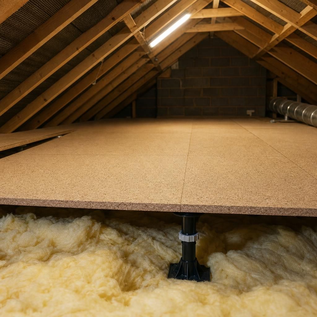 Raised loft floor with energy-efficient storage setup