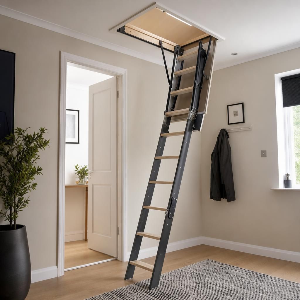 Wooden folding loft stairs with spring-assisted mechanism