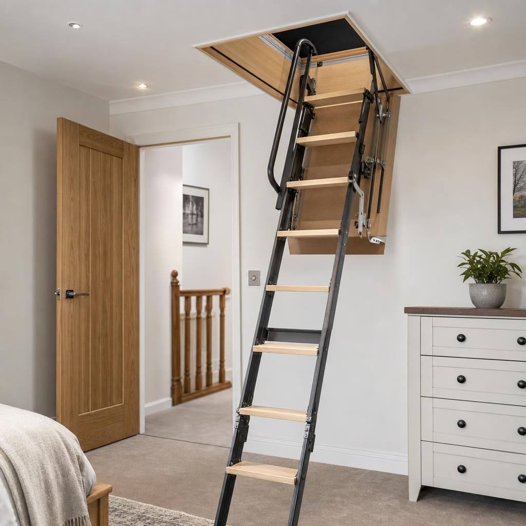 Telescopic folding loft stairs extending from hatch