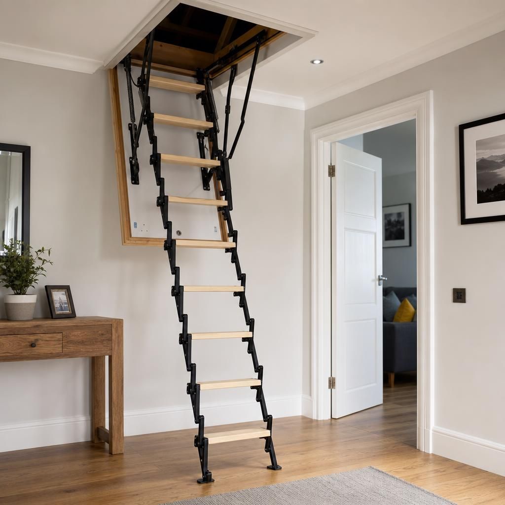 Illustration of a loft hatch with integrated folding stairs