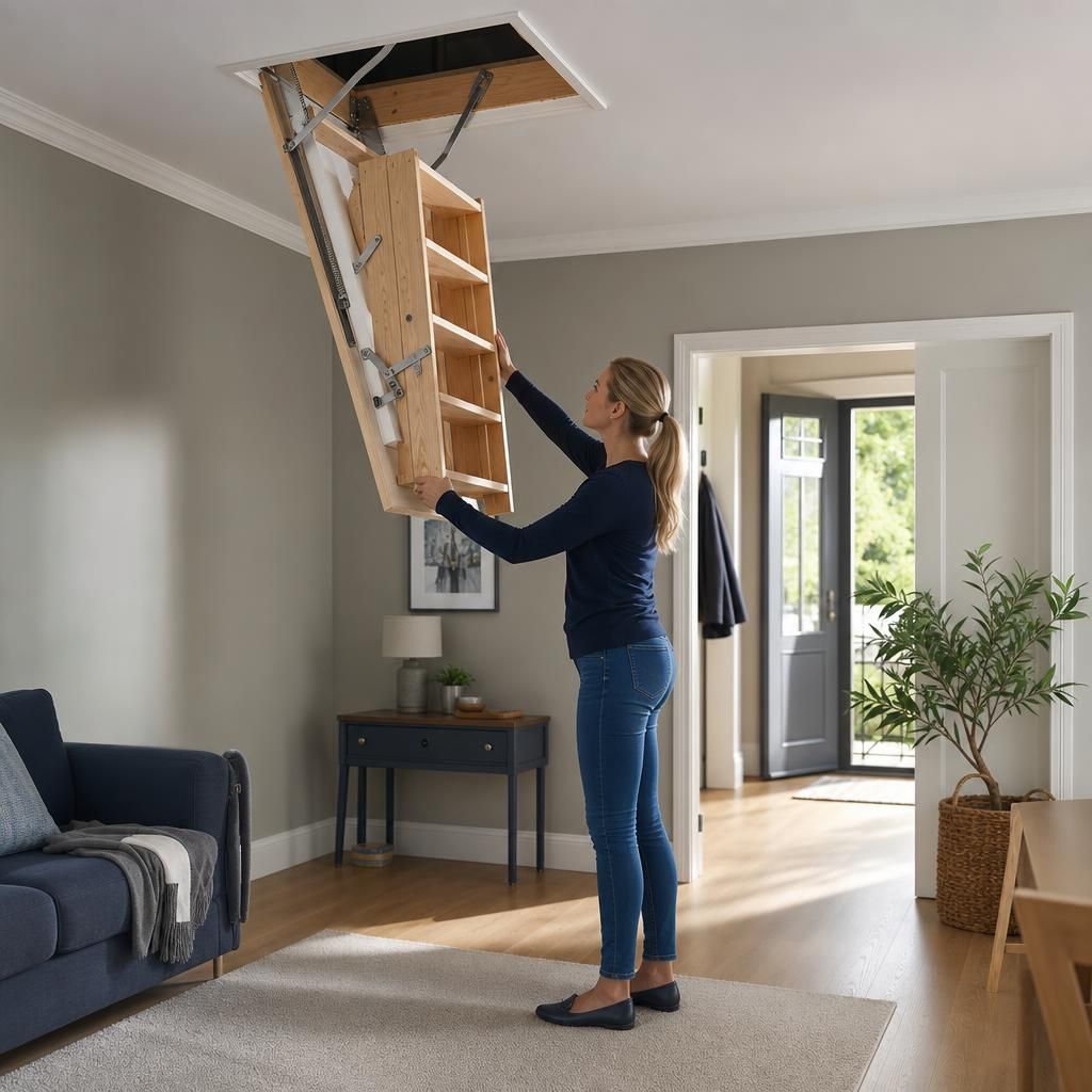 Cross-section of insulated loft hatch with folding stairs