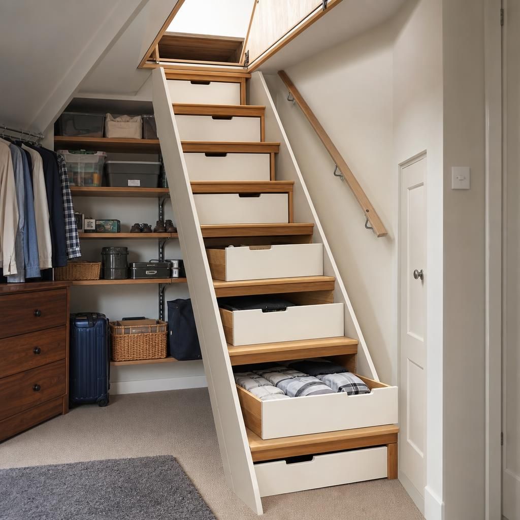 Built-in shelves on loft steps