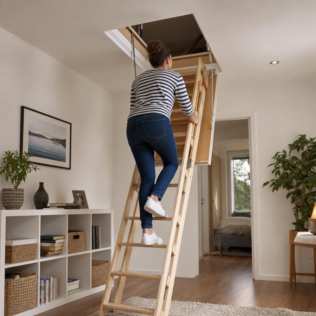 Completed loft boarding project with space-saving stairs